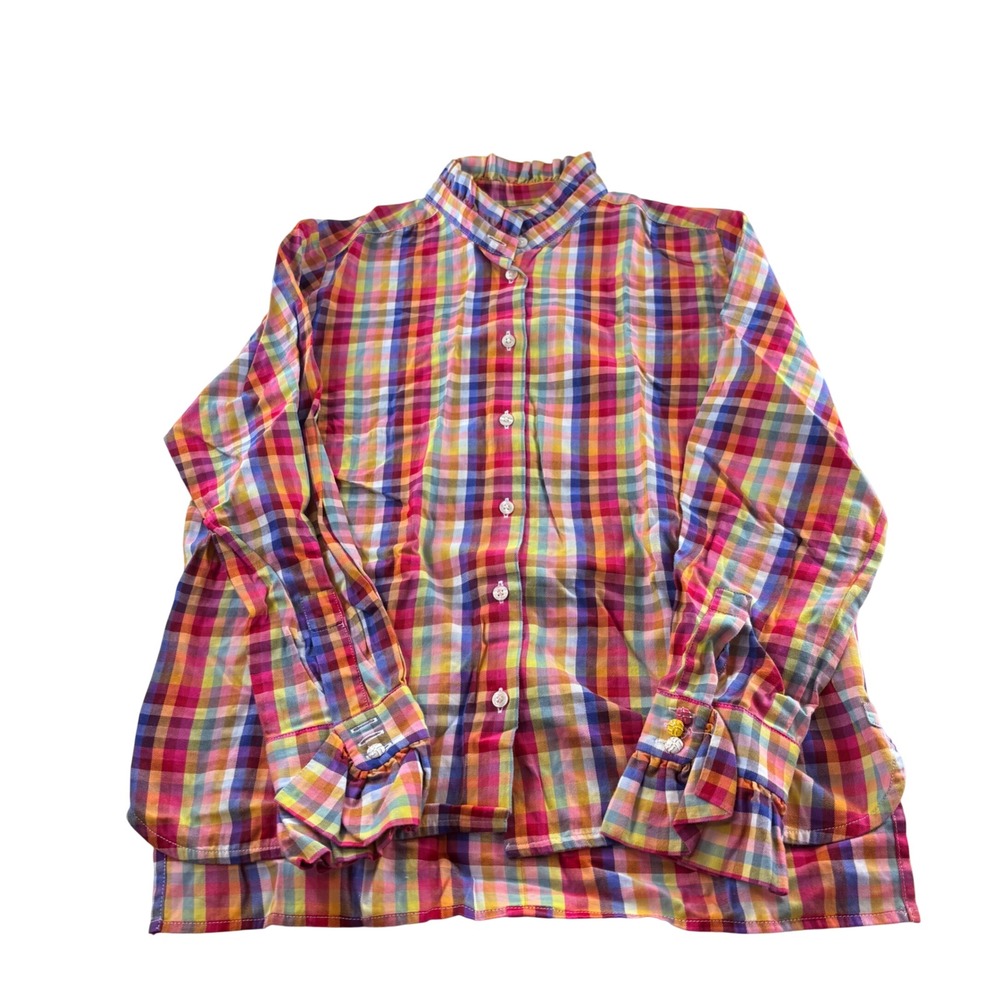 Vilagallo Rainbow Plaid Ruffle Collar Cotton Button Down Shirt Women 36 Portugal